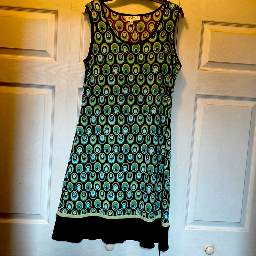 Studio 1 dress. Brown, sage, and blue soft jersey fabric..  hangs well